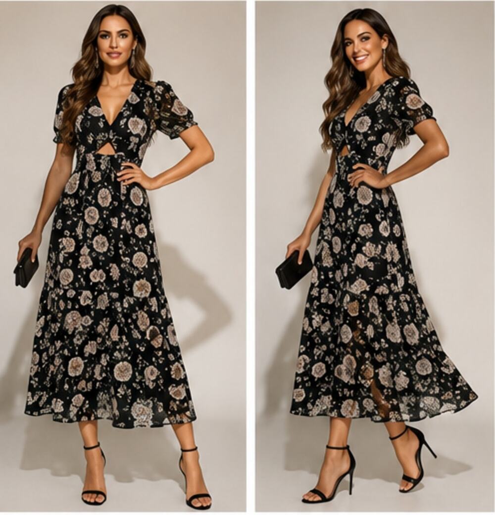 Bar III XS Black Floral Cutout Midi Dress NWT